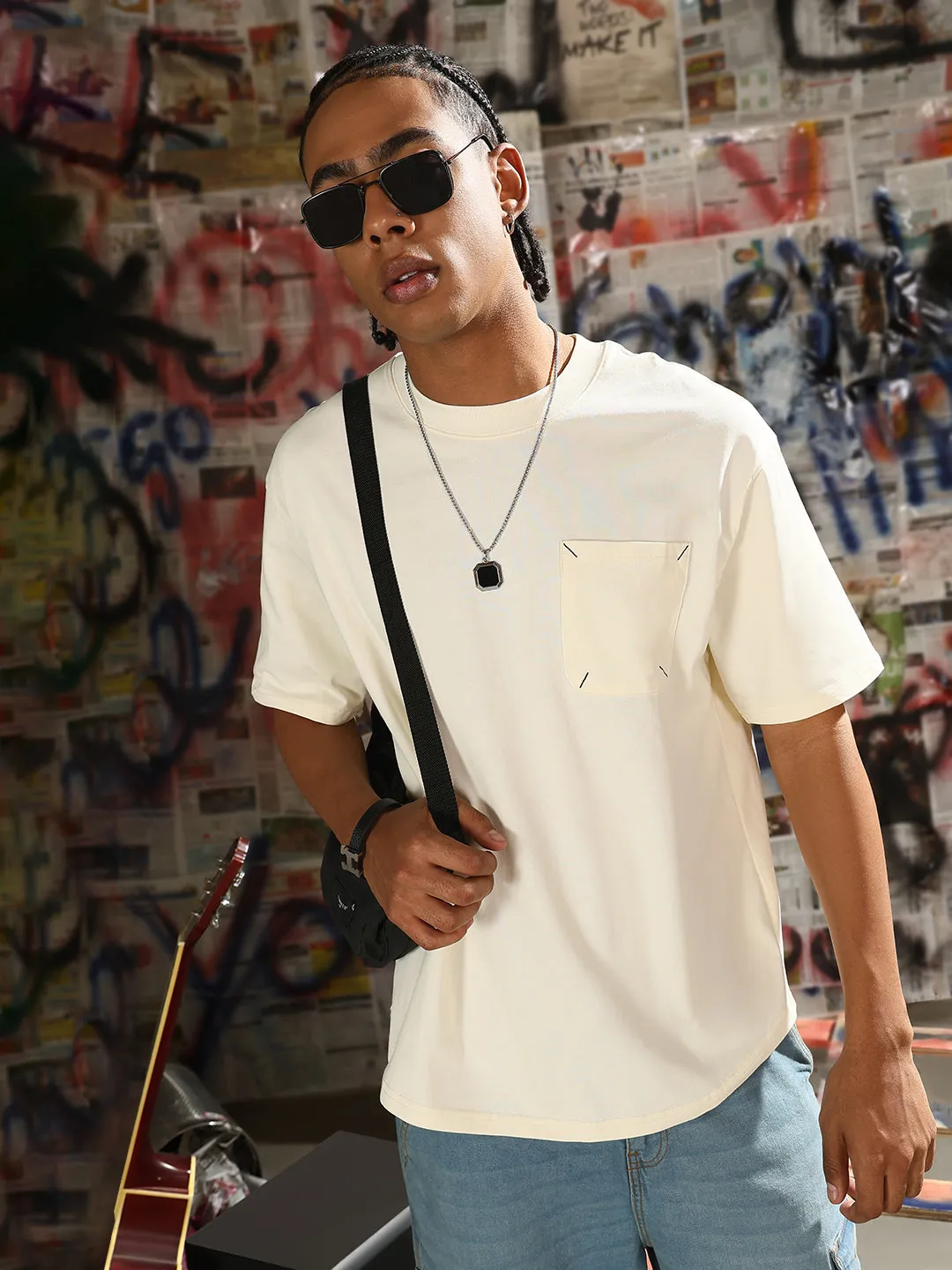 Men's Casual Cream Solid T-Shirt with Chest Pocket Modern Outfit