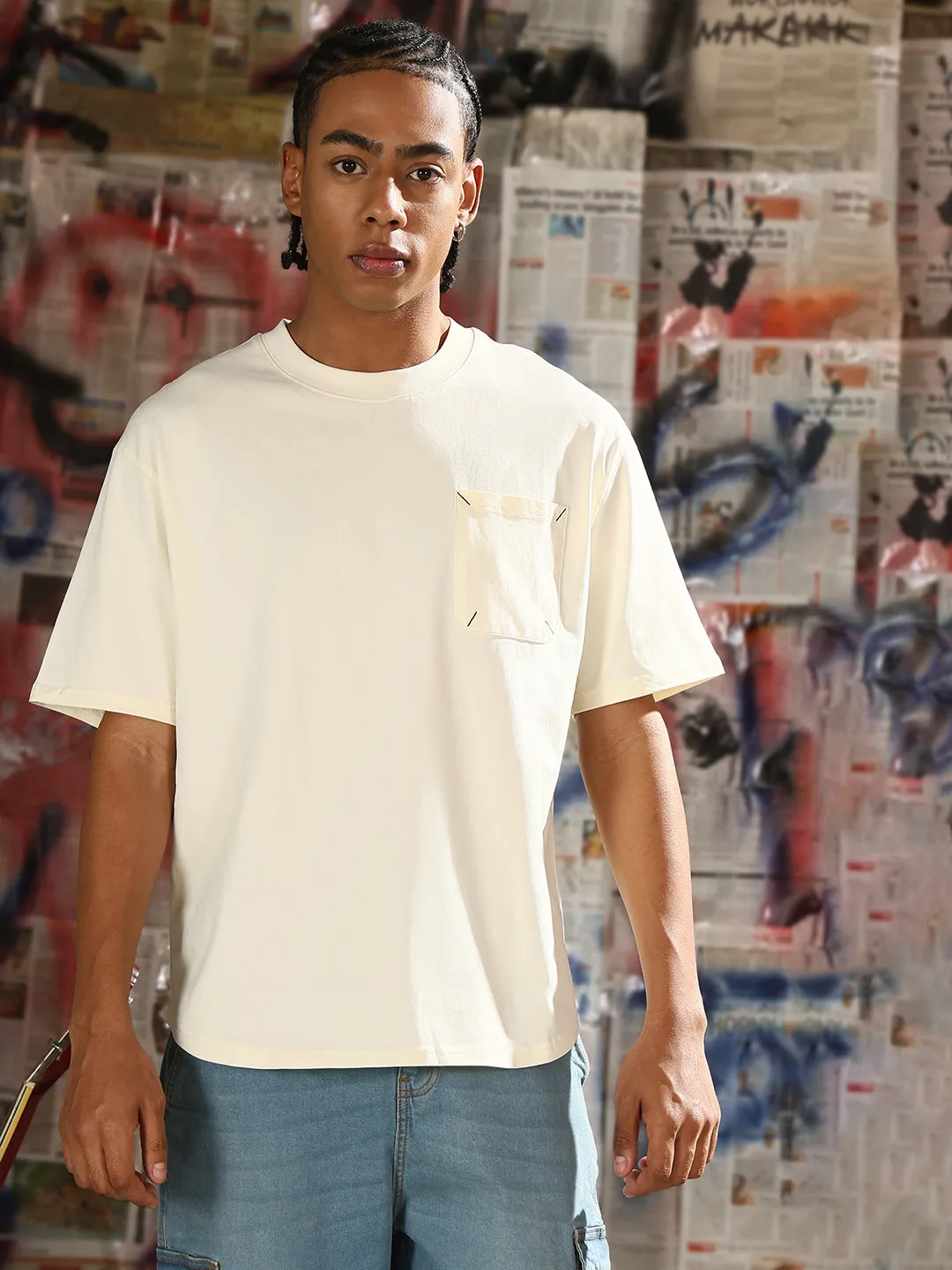 Men's Casual Cream Solid T-Shirt with Chest Pocket Relaxed Layer