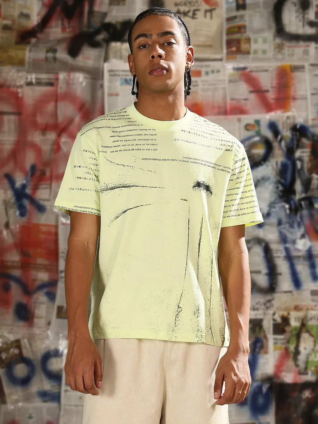 Spring Glow DoubleLayeredHem Men's Casual Green Typography T-Shirt