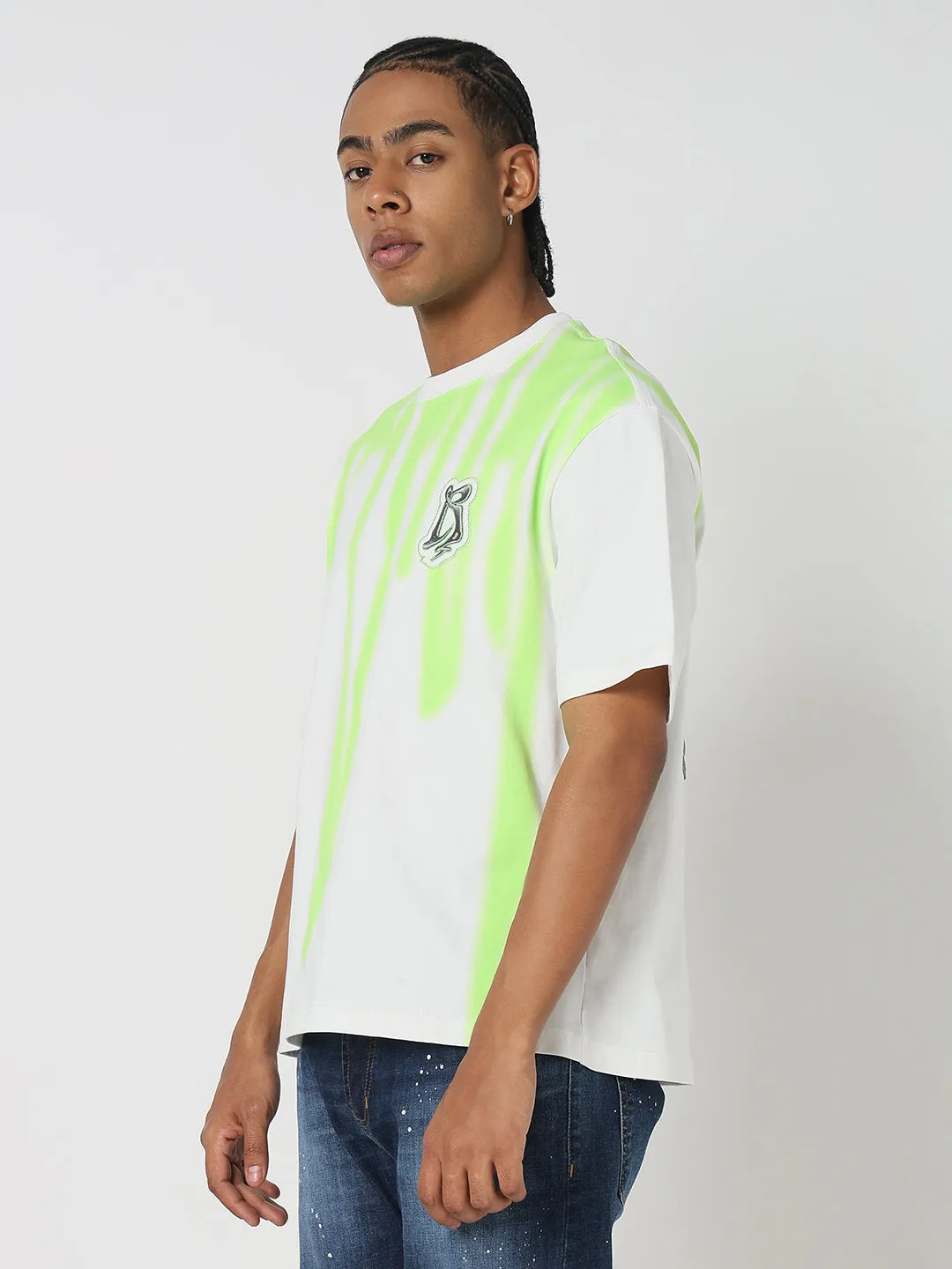 Men's Casual White & Green Printed Graphic T-Shirt Recycled materials TemperatureRegulating