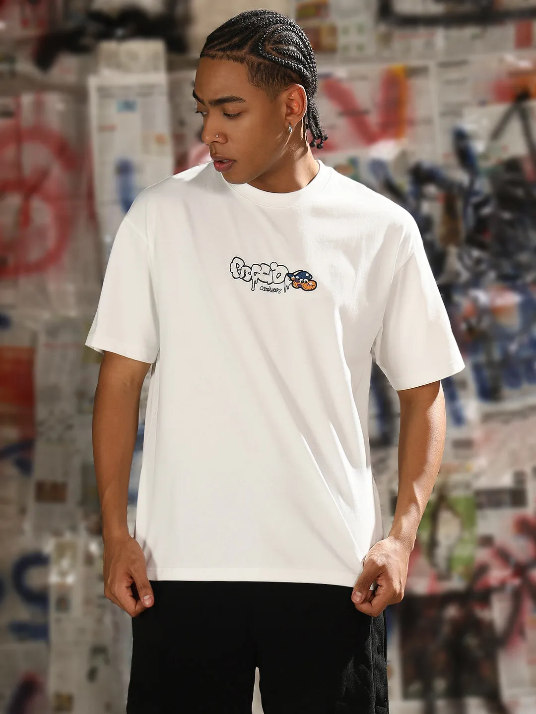 Men's Casual White Cartoon Graphic T-Shirt Data Mode