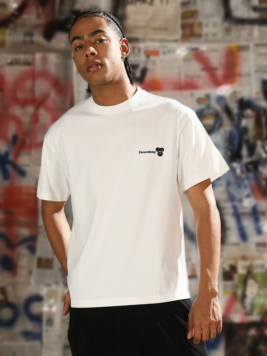 Virtual Mode Formal Wear Men's Casual White Cartoon Print Relaxed Fit T-Shirt