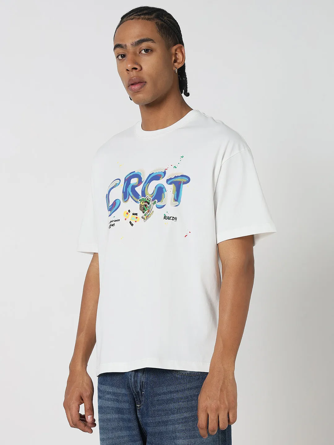 Men's Casual White Skater Themed Graphic T-Shirt Relaxed Fit