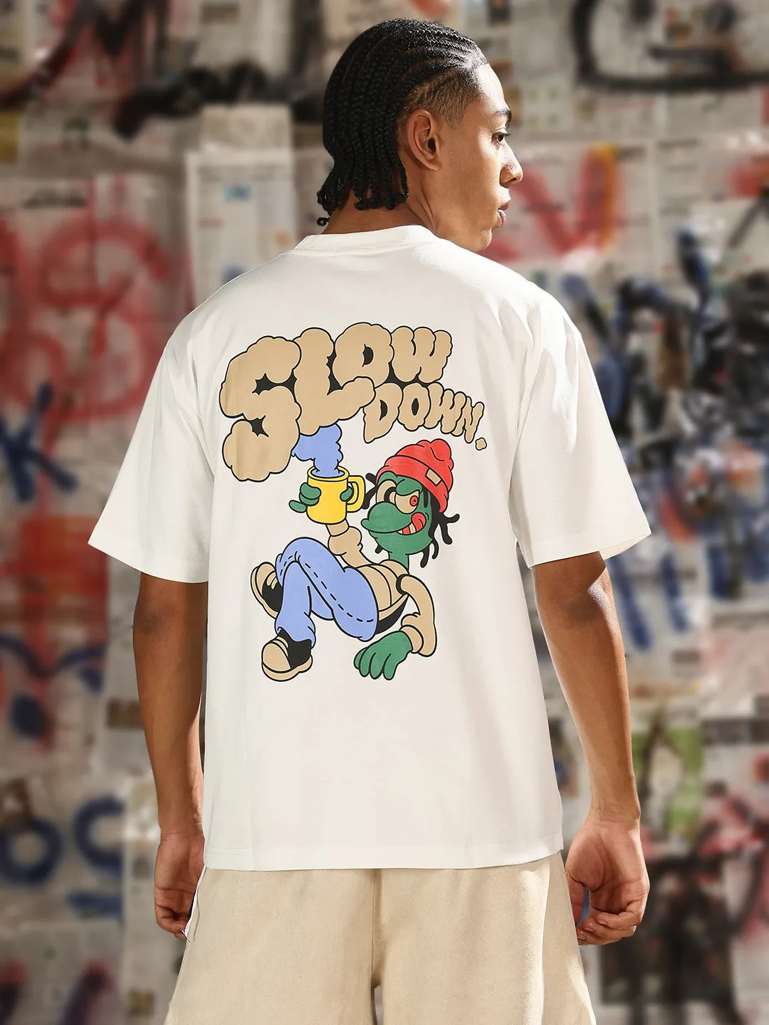 Men's Casual White Slow Down Graphic T-Shirt Flexible Waistband