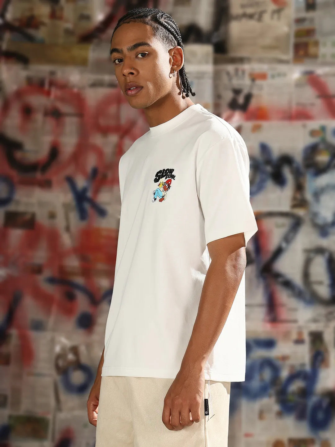 FlexibleElasticity Men's Casual White Slow Down Graphic T-Shirt