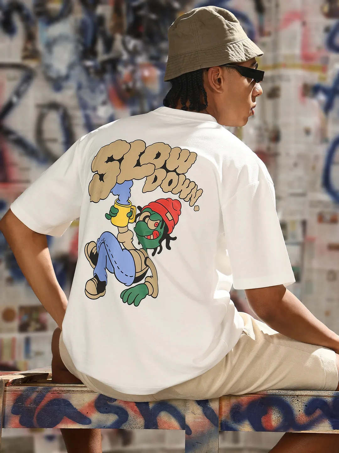 Model Edge ReinforcedHems Men's Casual White Slow Down Graphic T-Shirt