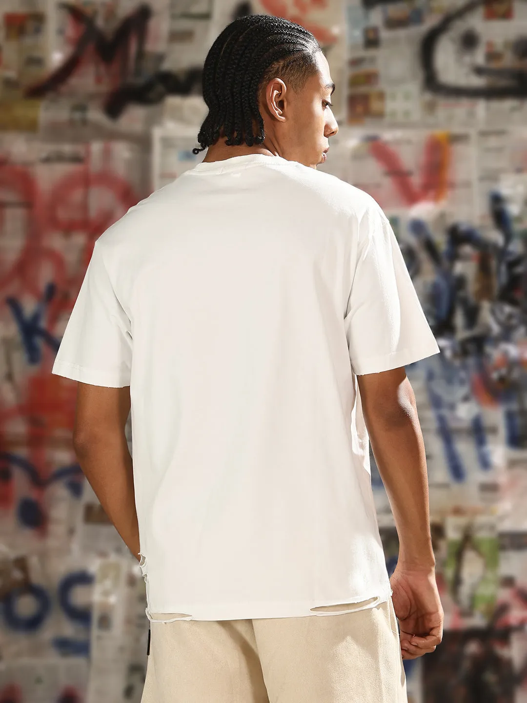 Men's Casual White Solid Ripped T-Shirt Ocean Fit Stretchable Waistband