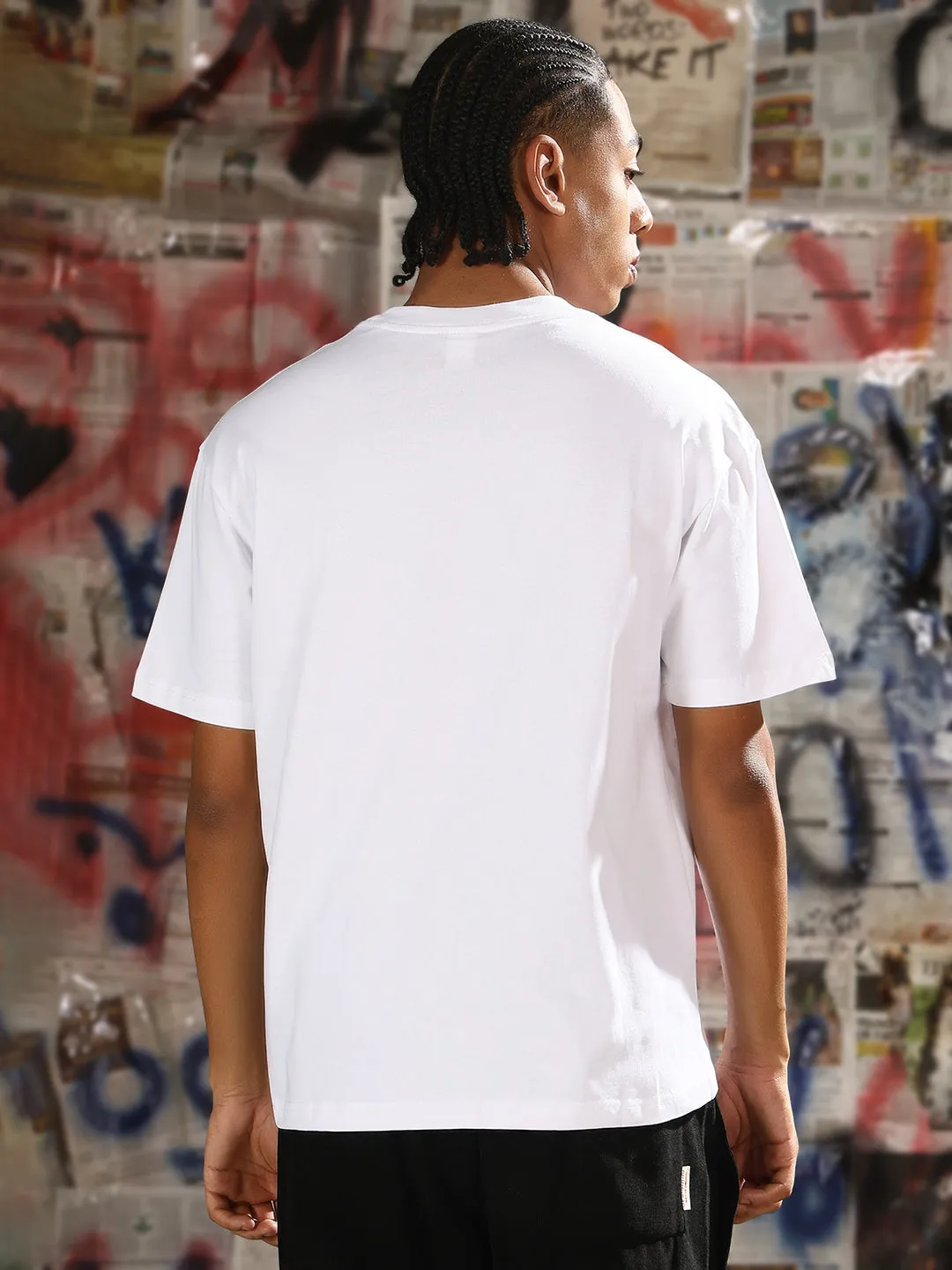 Men's Casual White Typography T-Shirt Loose Thread
