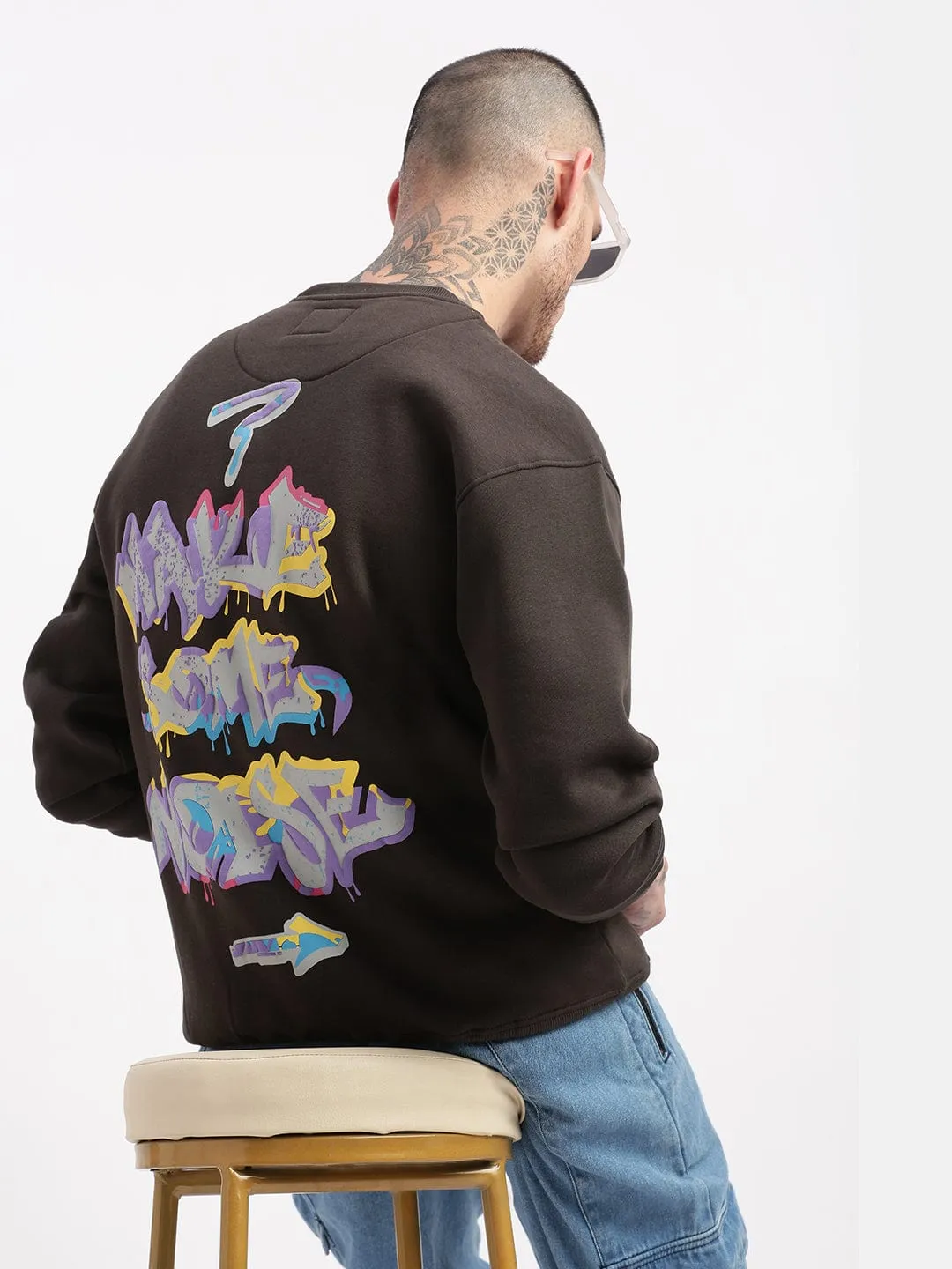 Men's Charcoal Graphic Round Neck Pullover Removable