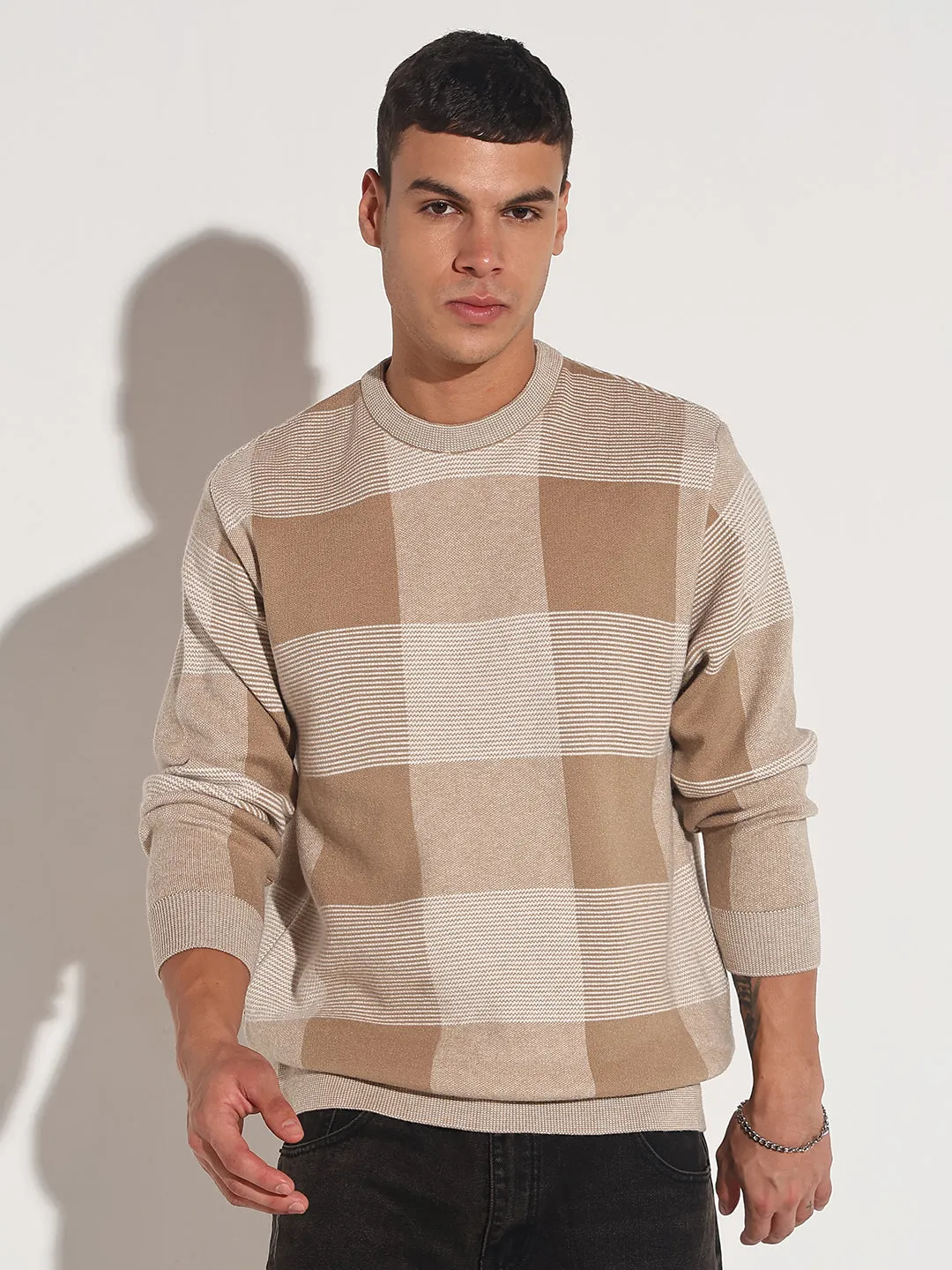 Men's Checked Brown Ribbed Round Neck Sweater Cozy Loopback Fabric Compression Fit Technology