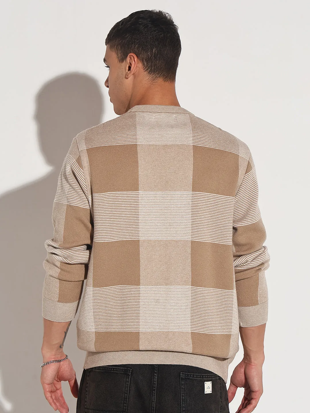 Men's Checked Brown Ribbed Round Neck Sweater AntiPilling Treatment