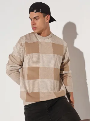 Men's Checked Brown Ribbed Round Neck Sweater Autumn Layer