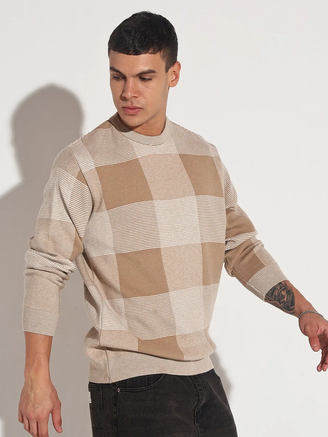 City Style Men's Checked Brown Ribbed Round Neck Sweater