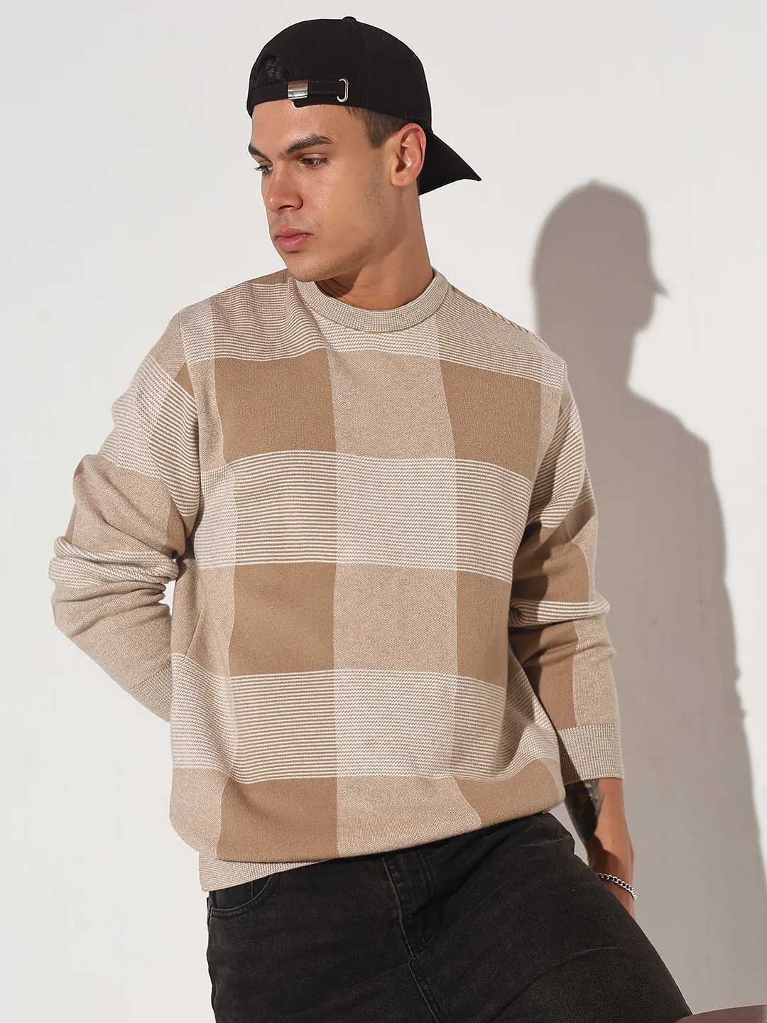 Men's Checked Brown Ribbed Round Neck Sweater Autumn Layer