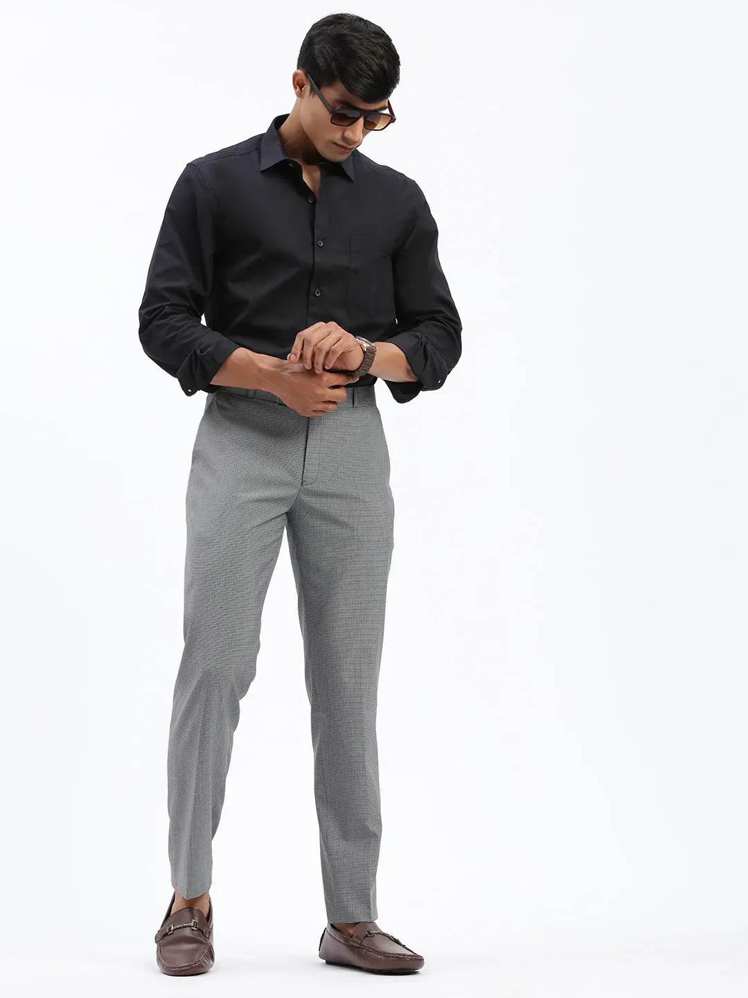 Men's Checked Grey Formal Trousers Flattering Comfort Wear Weather Ready