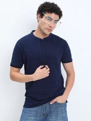 Men's Checked Navy Blue Henley Collar Regular Fit T-Shirt Stage Feel Smile Glow