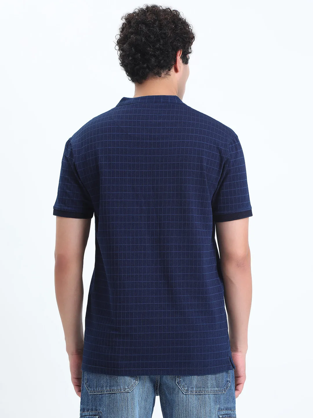 warm fleece Men's Checked Navy Blue Henley Collar Regular Fit T-Shirt