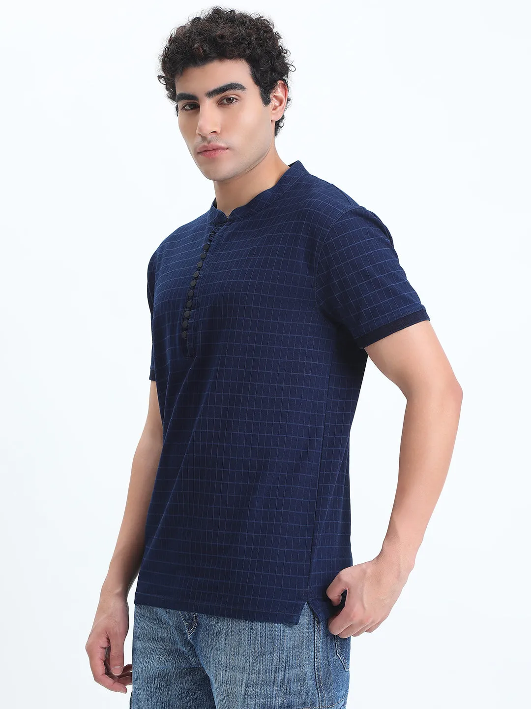 Smart Skirt Outdoor Shirt Men's Checked Navy Blue Henley Collar Regular Fit T-Shirt