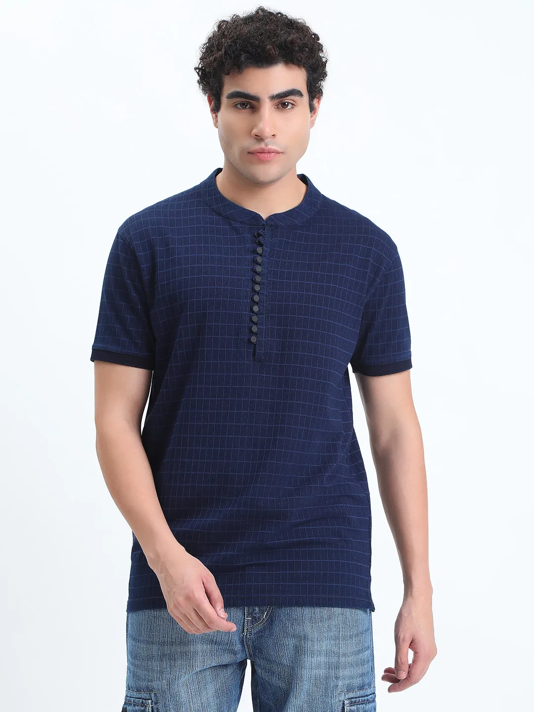 Play Mode Men's Checked Navy Blue Henley Collar Regular Fit T-Shirt