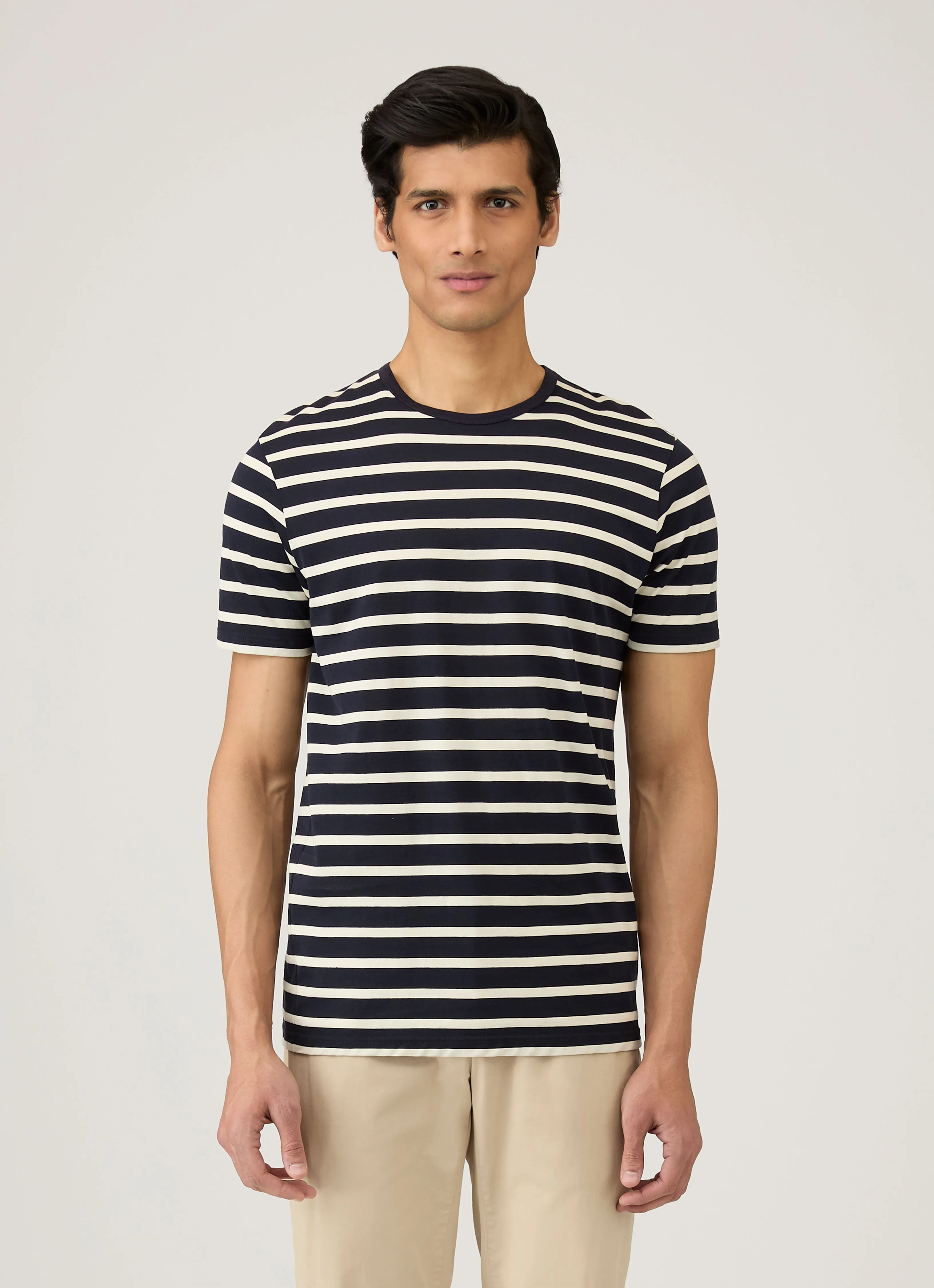 Casual Style Quality Fabric Men's Classic T-shirt in Navy/Ecru Breton Stripe