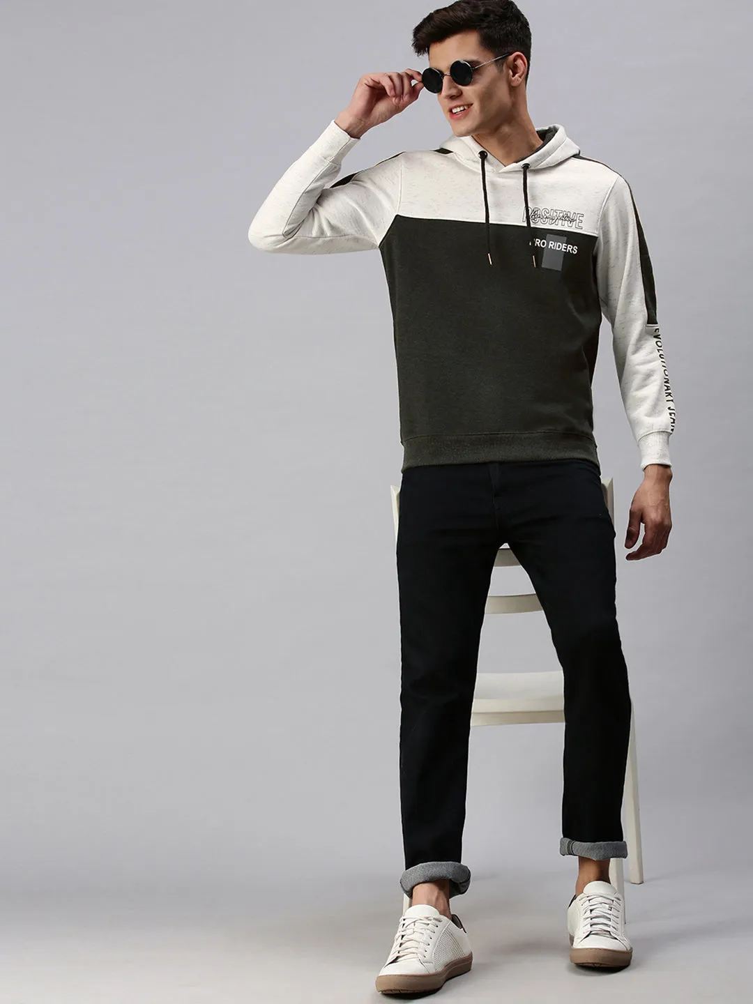 Men's Colourblocked White & Green Hoodie Urban Relaxed
