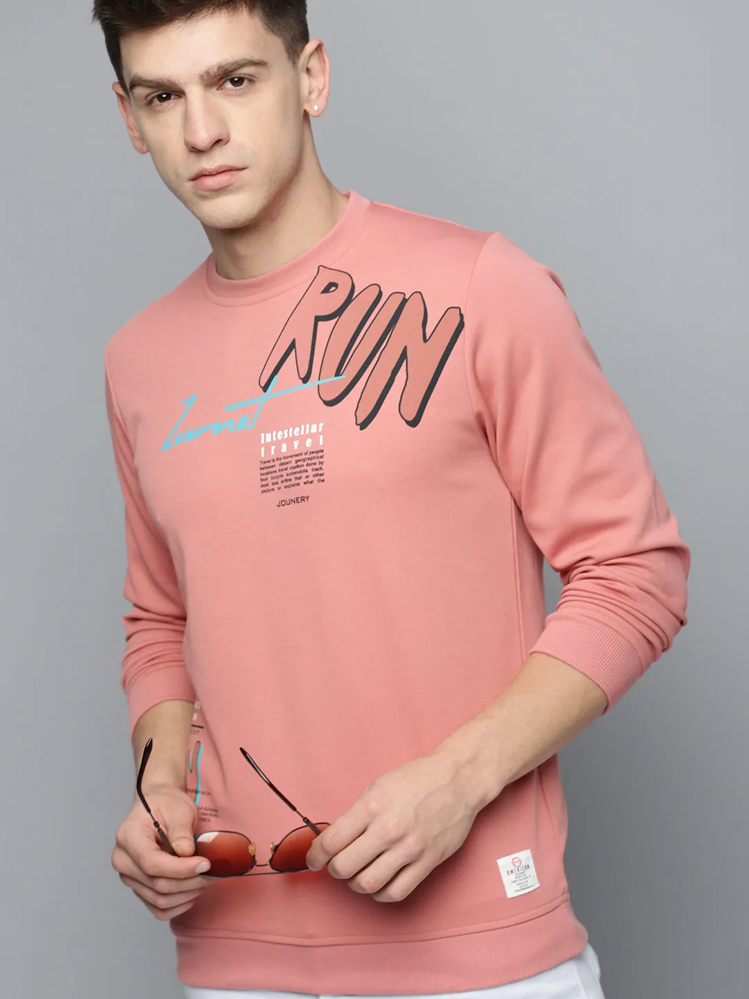 Buttoned Men's Coral Printed Casual Sweatshirt