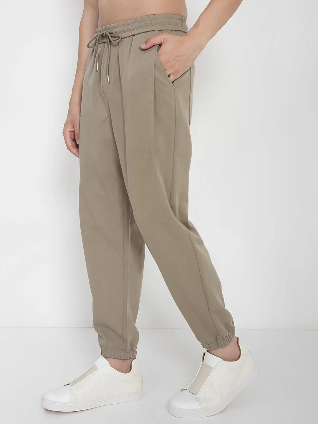 Men's Cotton Beige Relaxed Fit Joggers FlexibleMobilityDesign