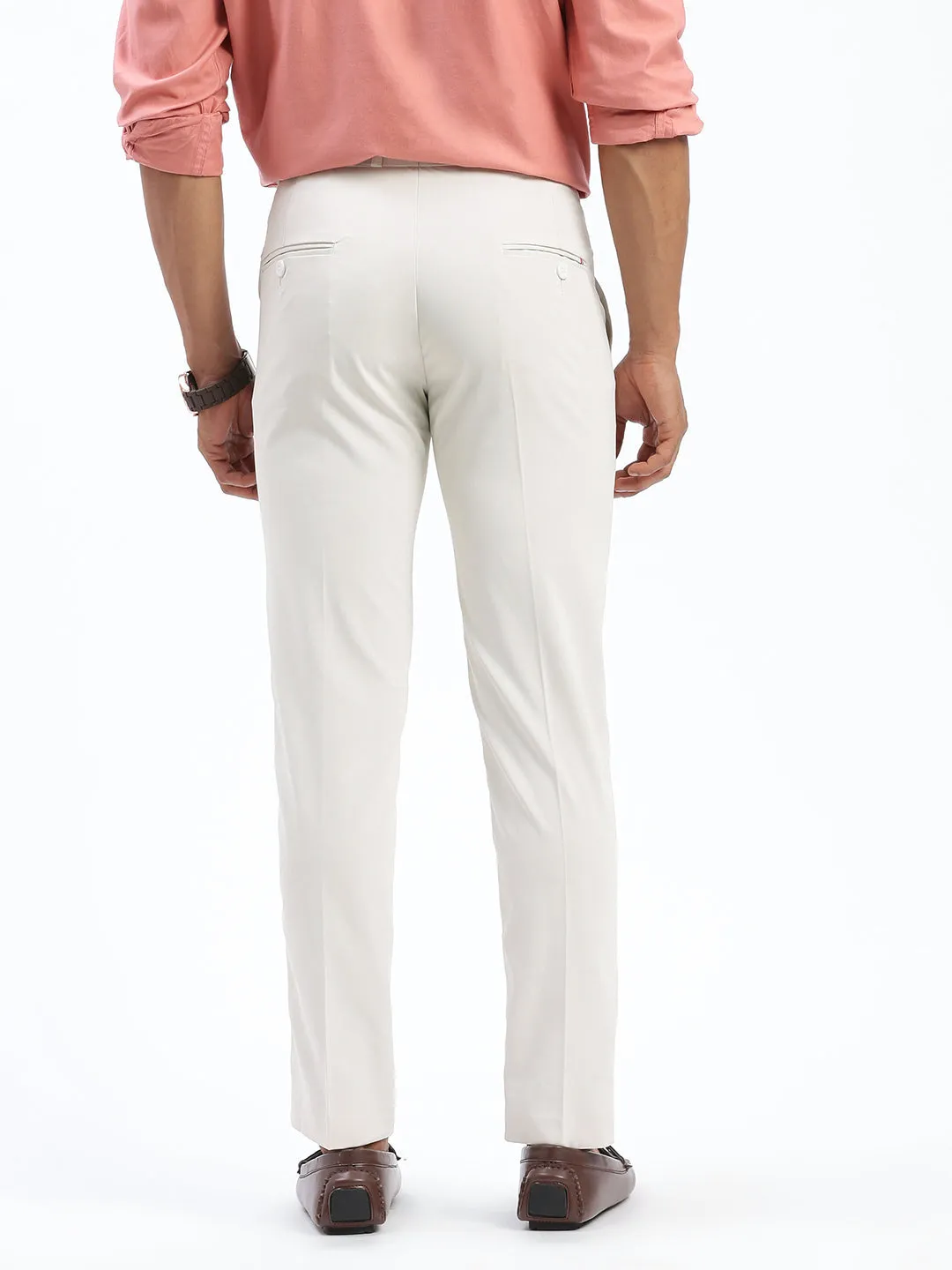 Softened Hem Chic Vibe Men's Cream Comfort Slim Fit Low-Rise Cotton Formal Trousers