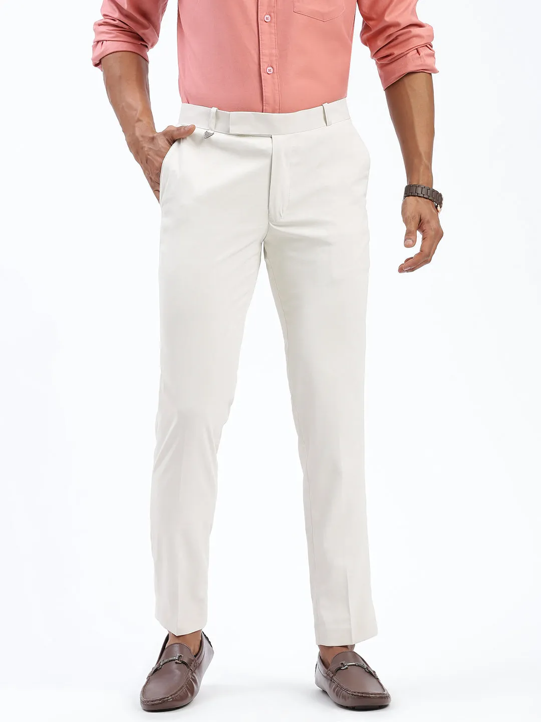 Men's Cream Comfort Slim Fit Low-Rise Cotton Formal Trousers Day Hike