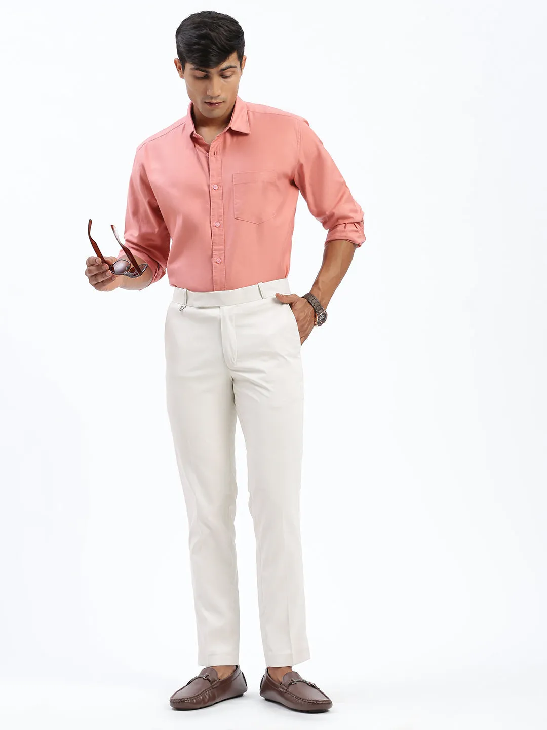 Men's Cream Comfort Slim Fit Low-Rise Cotton Formal Trousers Adaptable Fit Core Comfort