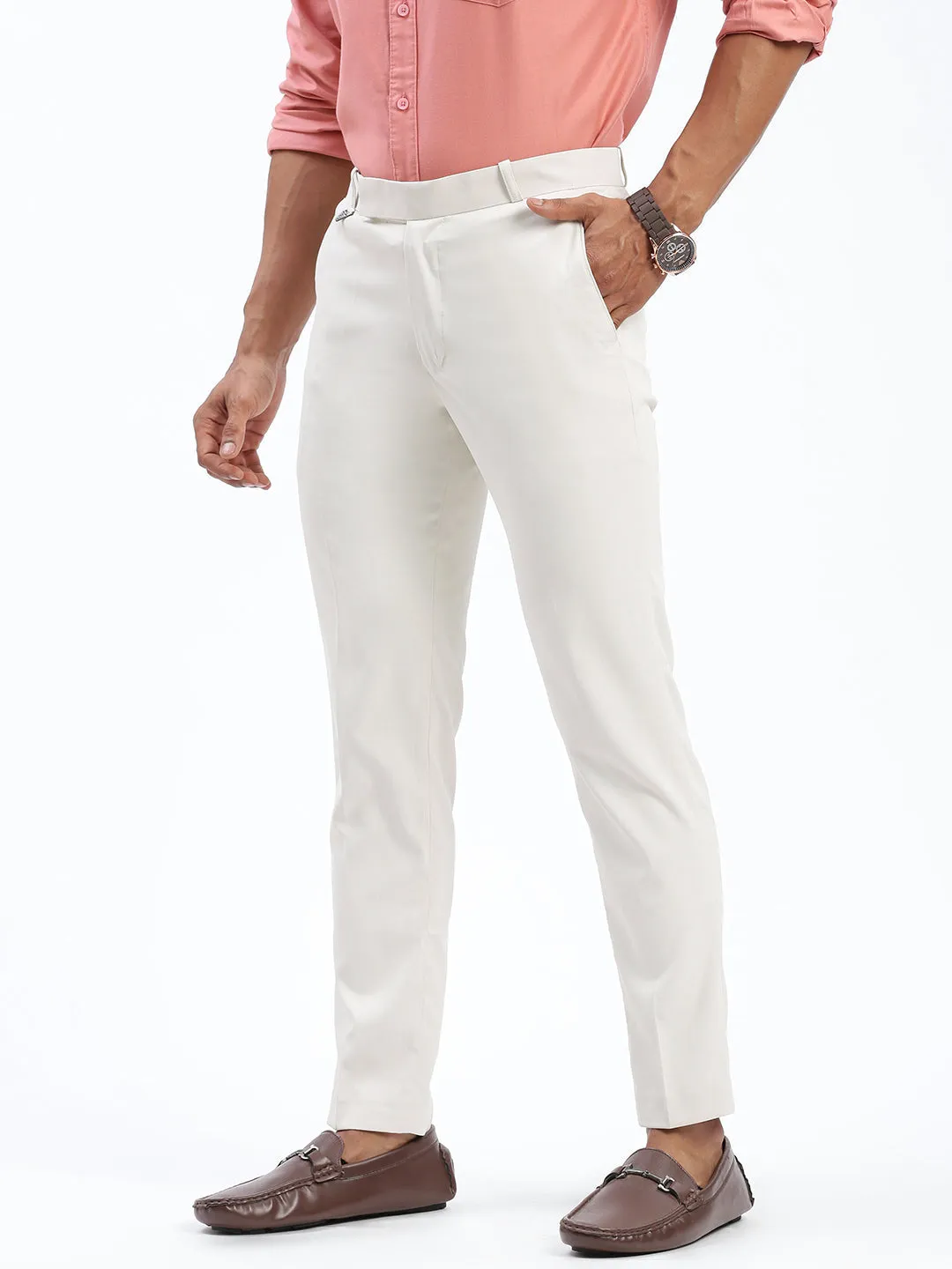 Men's Cream Comfort Slim Fit Low-Rise Cotton Formal Trousers Non Restrictive Fit Comfy Look