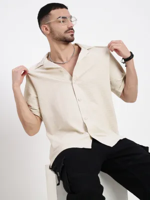 Men's Cream Cuban Collar Solid Casual Shirt Couple Look Breezy Comfort