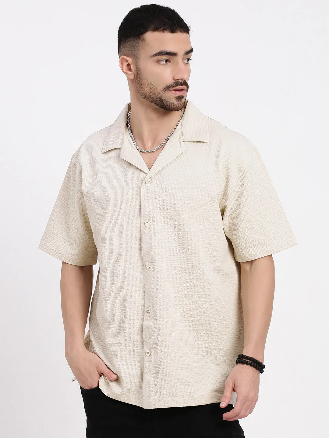 Men's Cream Cuban Collar Solid Casual Shirt Minimal Design Warm Base