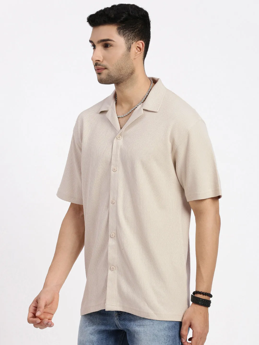 Star Mood Men's Cream Cuban Collar Solid Cotton Shirt