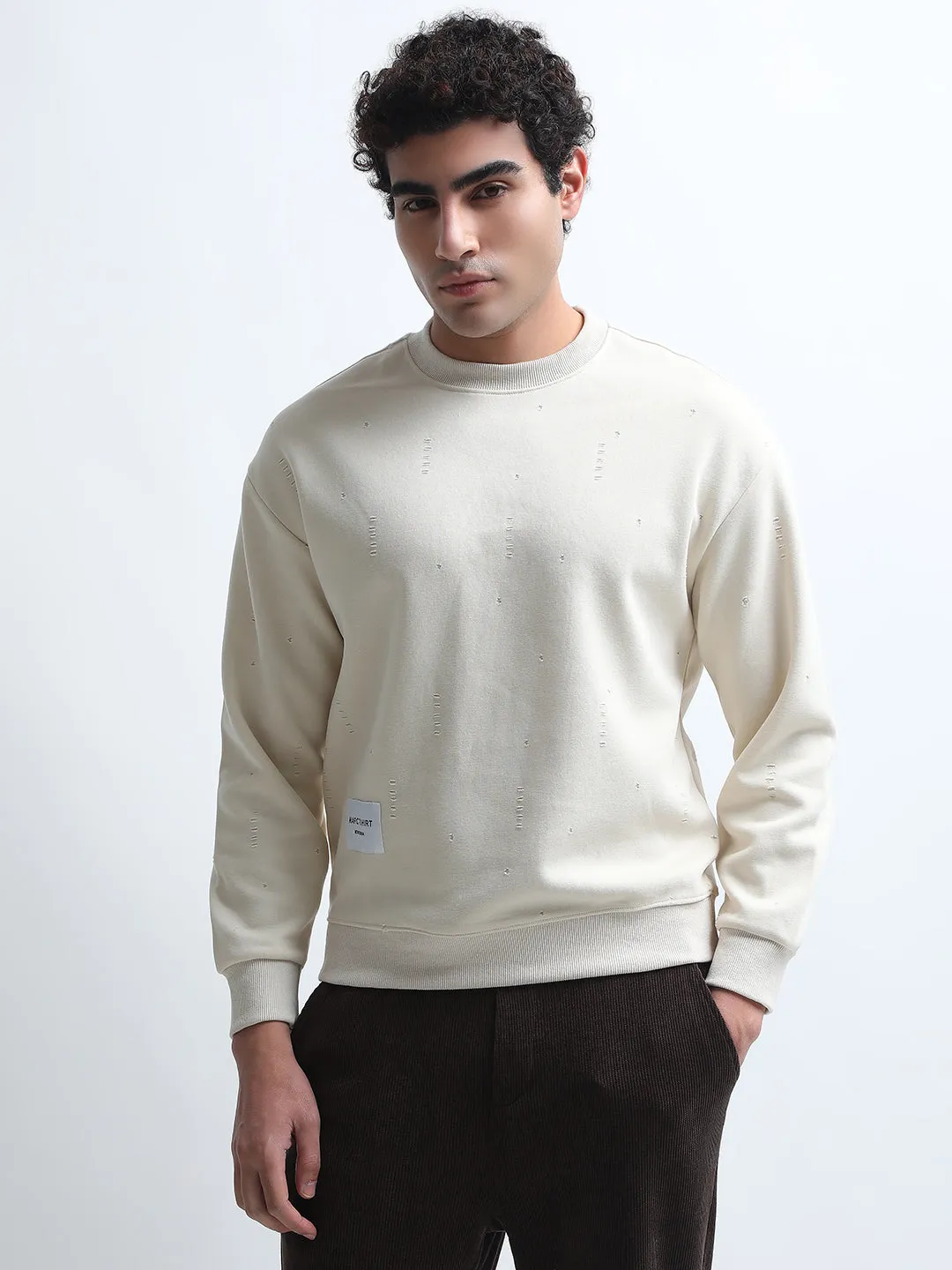 Men's Cream Round Neck Ribbed Sweatshirt with Torned effect Daily Style Comfy Street