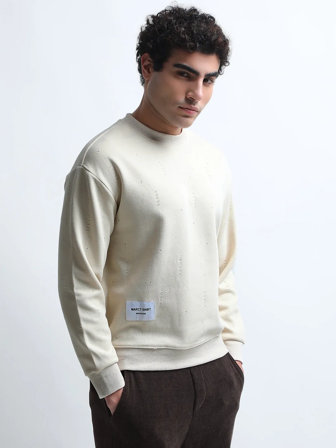 product floral delicacy Men's Cream Round Neck Ribbed Sweatshirt with Torned effect
