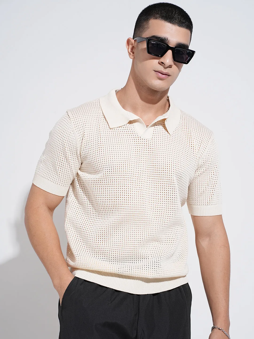 New Yorker NonRestrictiveSilhouette Men's Cream Short Sleeves Polo Collar Regular Fit T-Shirt
