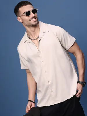 Men's Cream Solid Cuban Collar Shirt Versatile Scarf