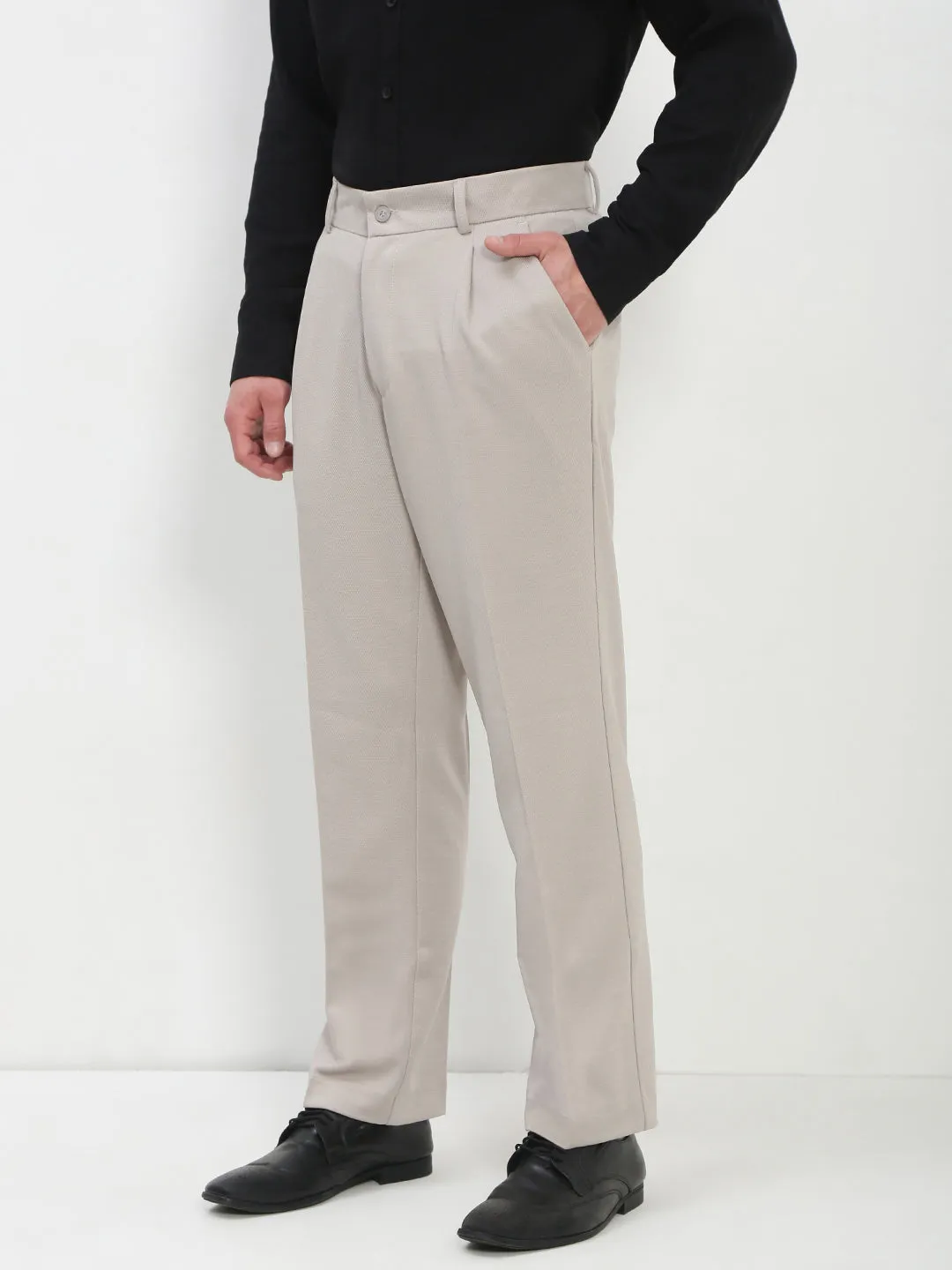 AllDayCompression Gripper Waistband Men's Cream Solid Formal Trousers