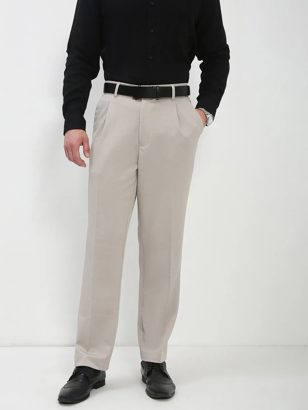 Men's Cream Solid Formal Trousers All Season Fit Water resistant coating