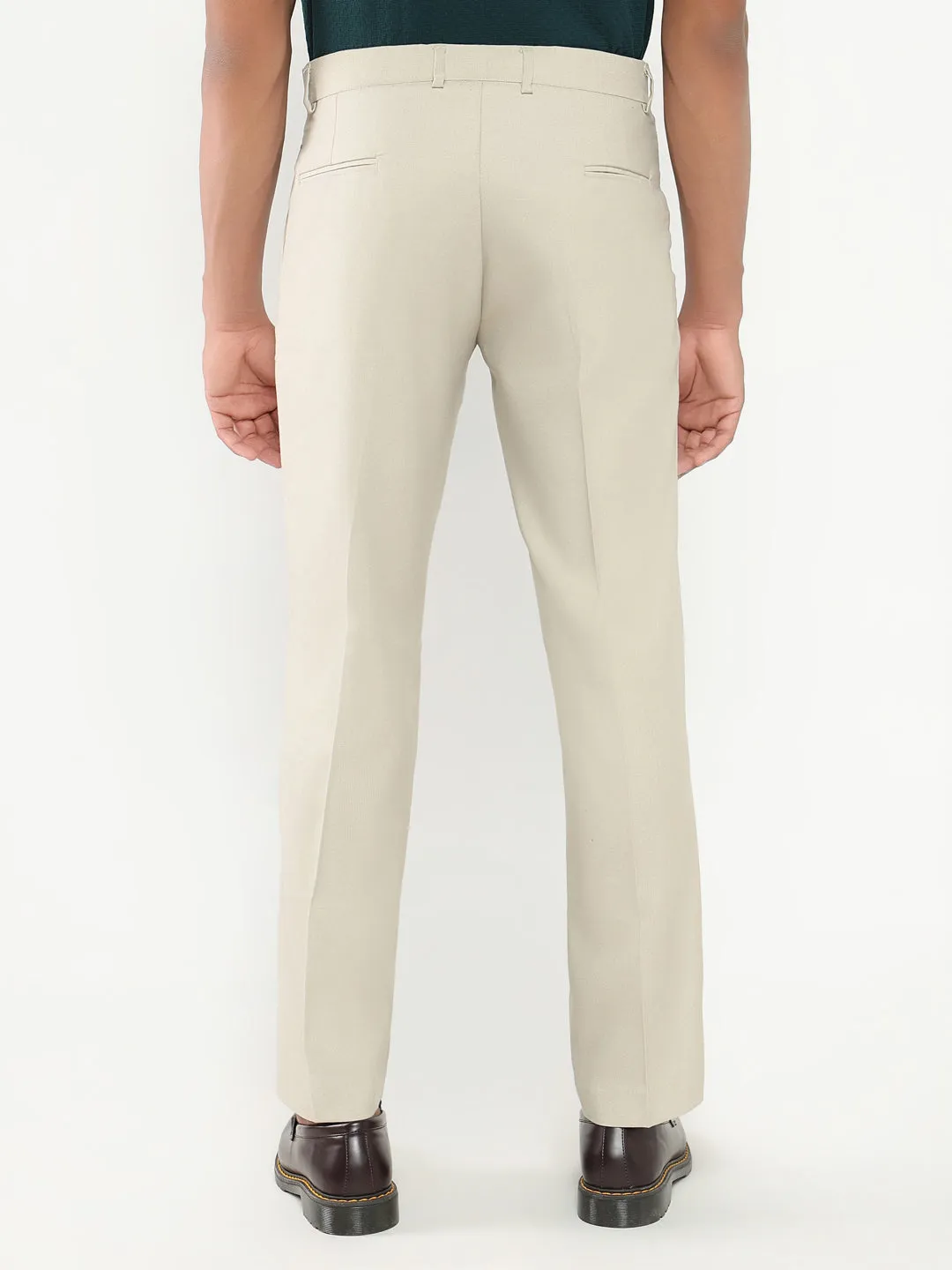 Men's Cream Solid Loose-Fit Formal Trousers Quick Wash