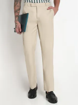 Basic Stretch Men's Cream Solid Slim Fit Formal Trousers