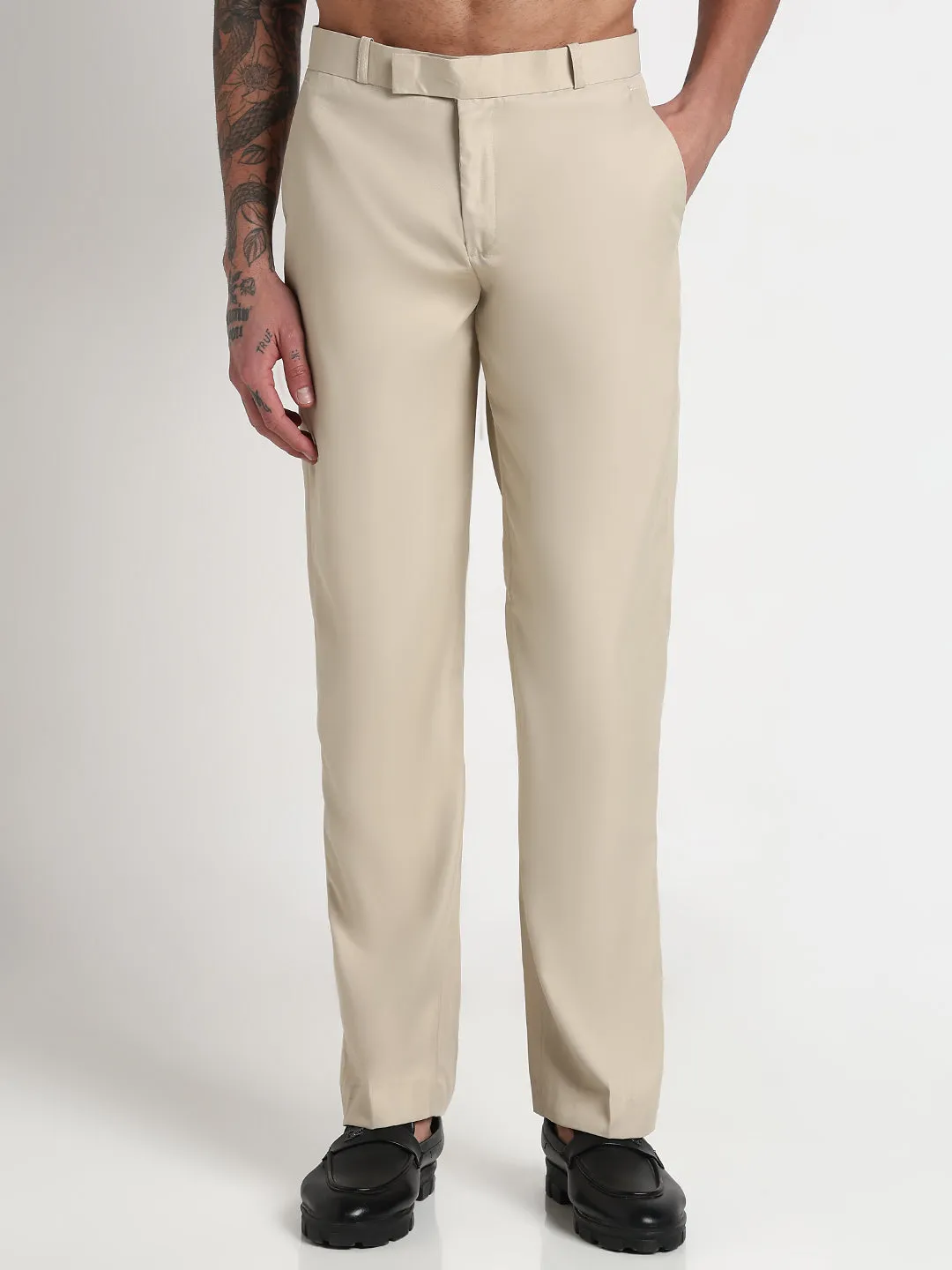 Men's Cream Solid Slim Fit Formal Trousers Light wash