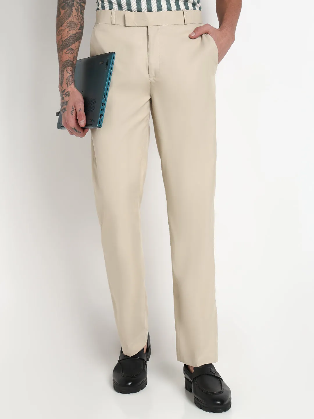 Basic Stretch Men's Cream Solid Slim Fit Formal Trousers