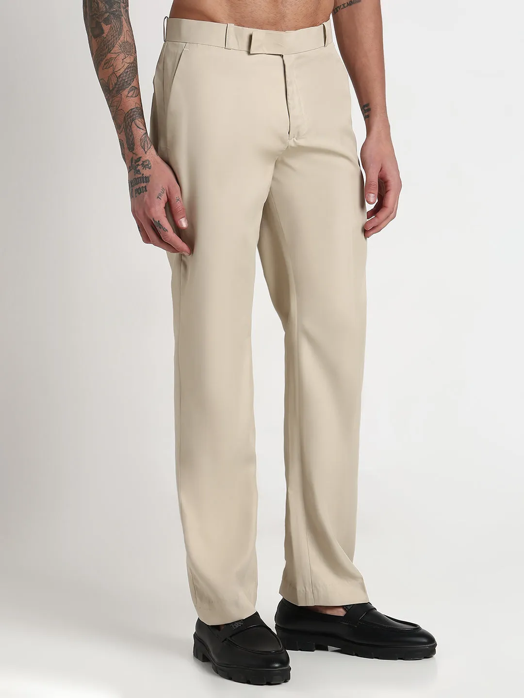 Flat waistband Daily Motion Men's Cream Solid Slim Fit Formal Trousers