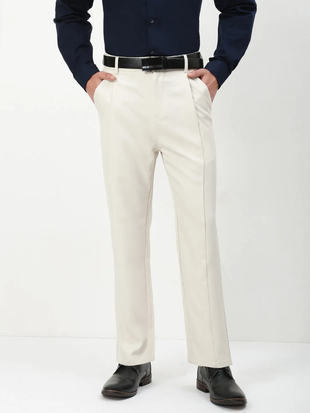 Men's Cream Solid Slim Fit Formal Trousers Sporty Function Functional Design