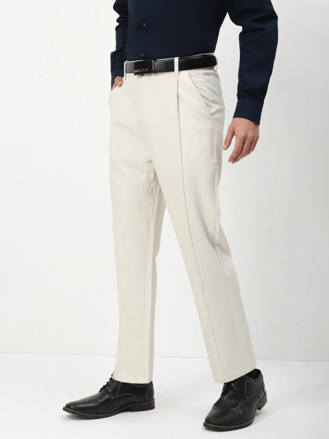 Men's Cream Solid Slim Fit Formal Trousers Sport Ready Fit