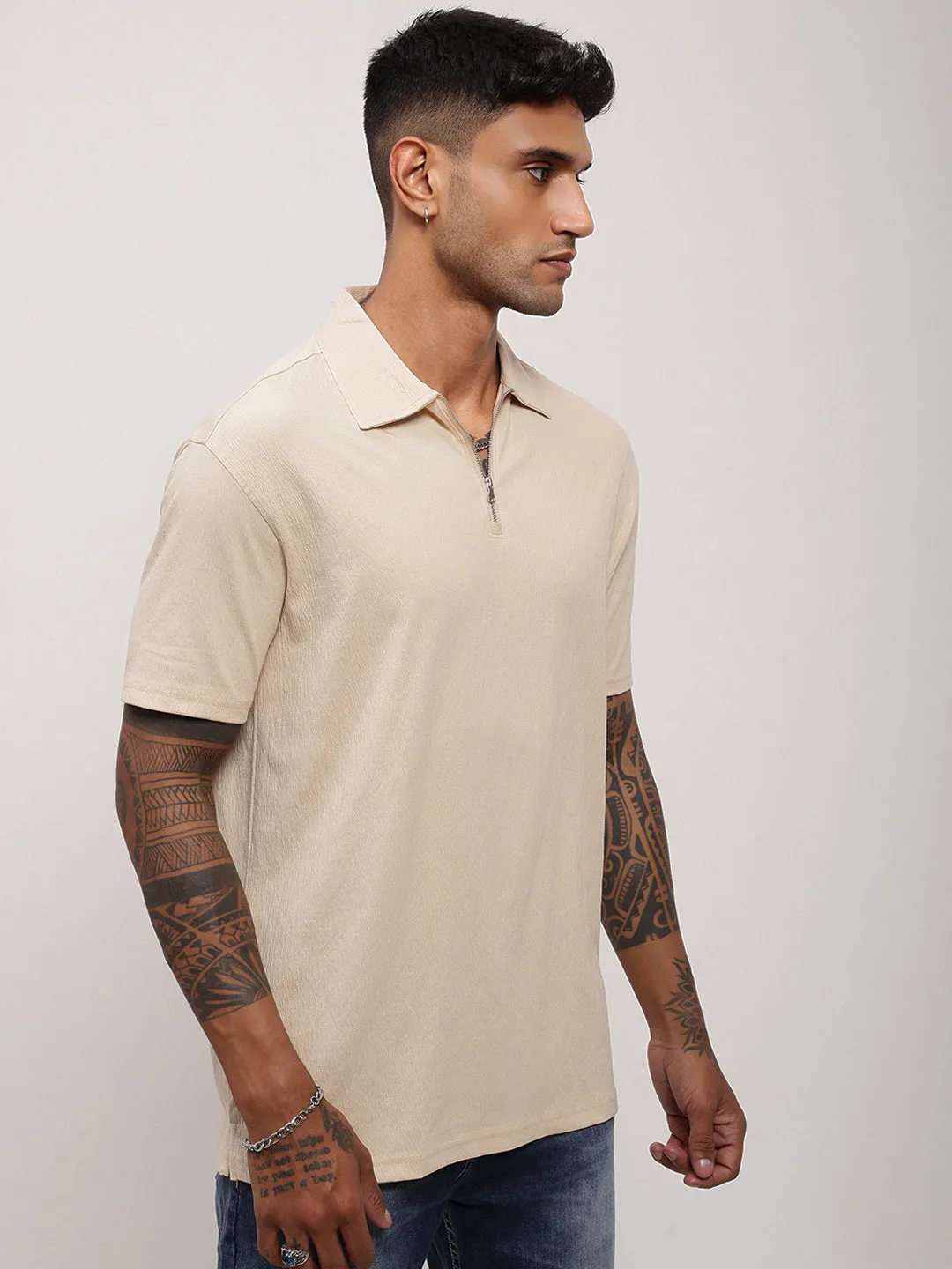 Men's Cream Solid Slim Fit Polo Neck T-Shirt Urban Trend Brunch Outfit
