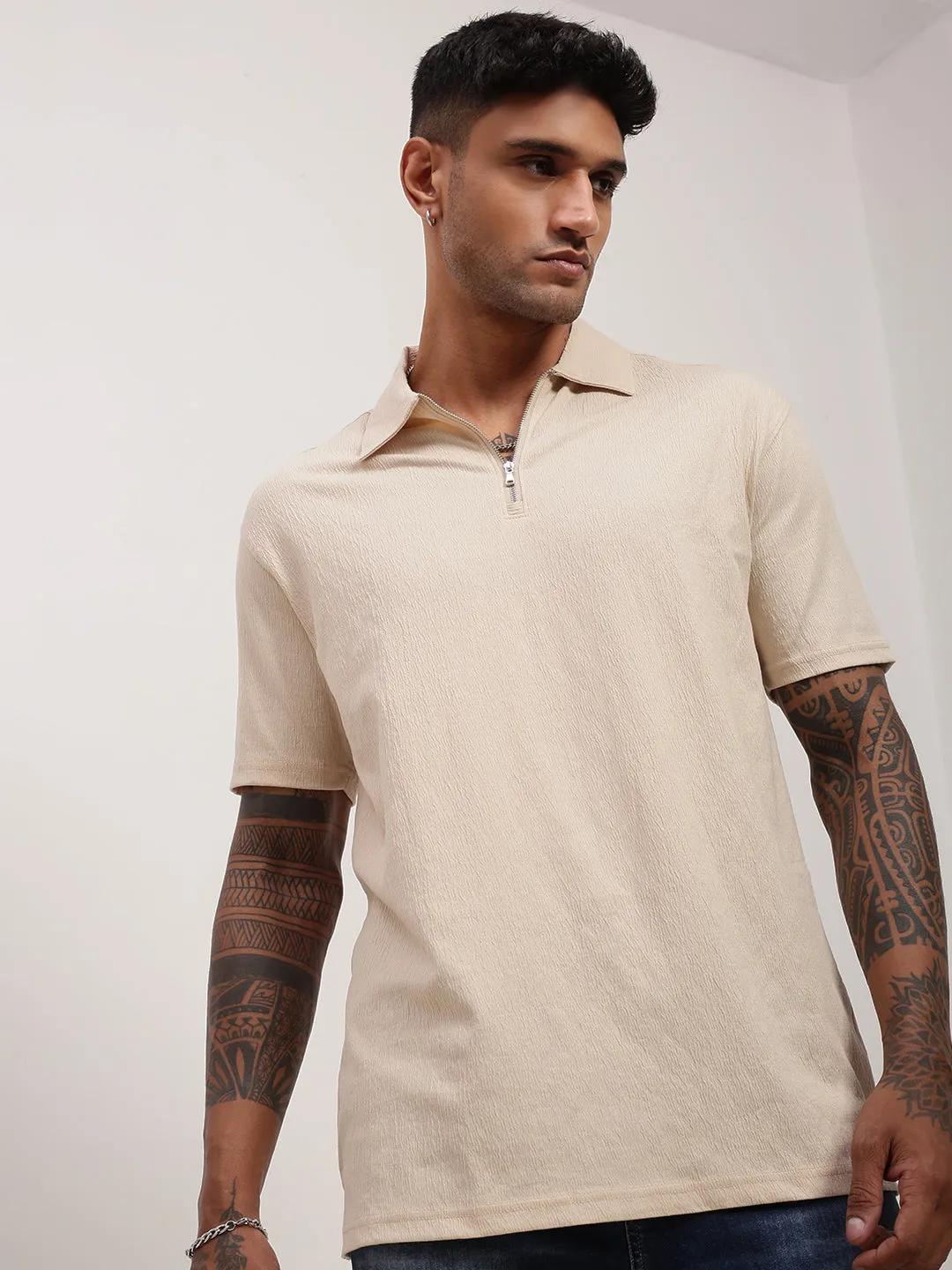 Men's Cream Solid Slim Fit Polo Neck T-Shirt comfortable for standing Running Top