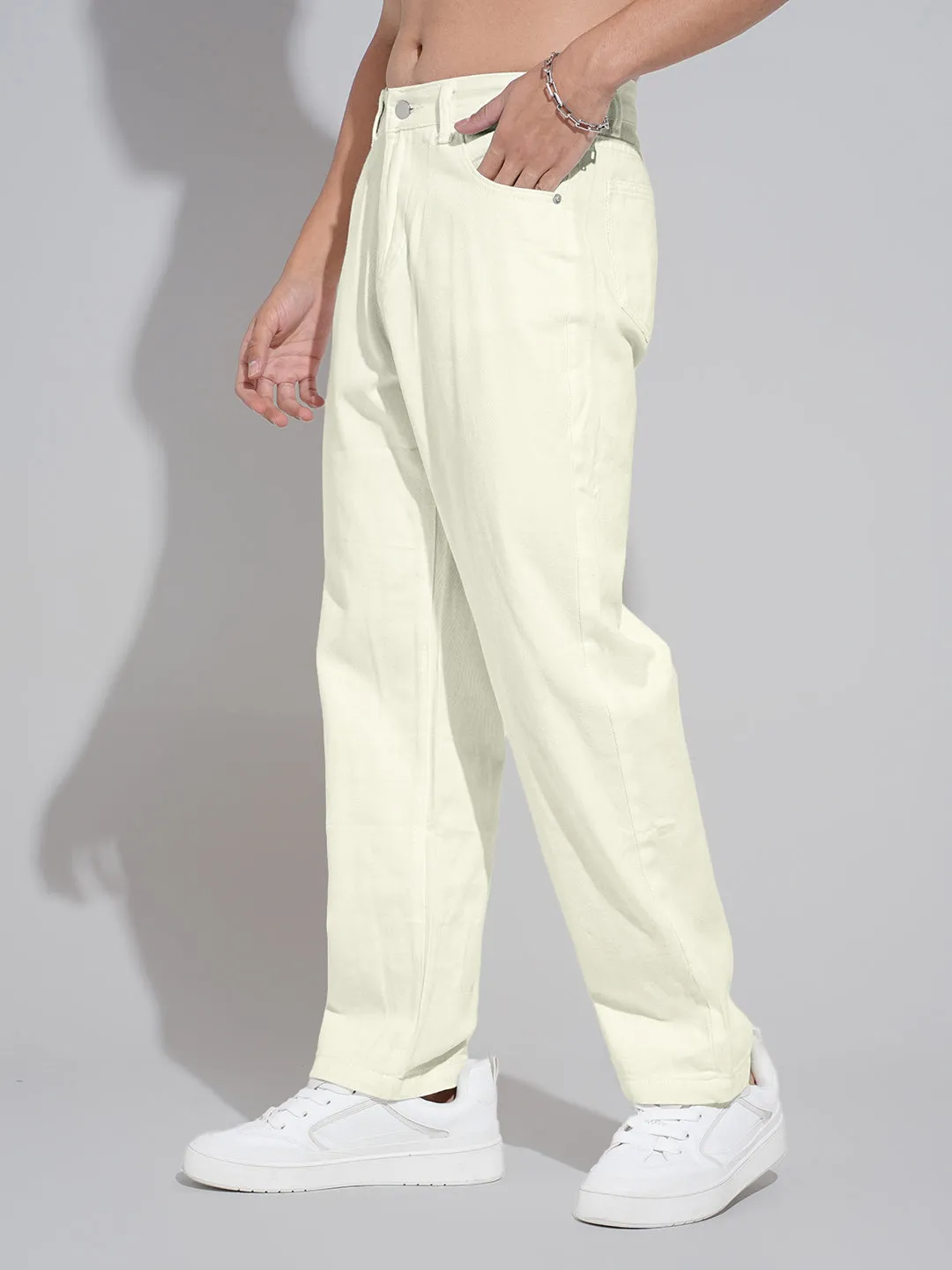 Anti Slip Waistband Men's Cream Straight Fit Denim Jeans